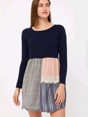 Anthropologie 12 pm by Mon Ami patchwork babydoll cottagecore Mini Dress LG